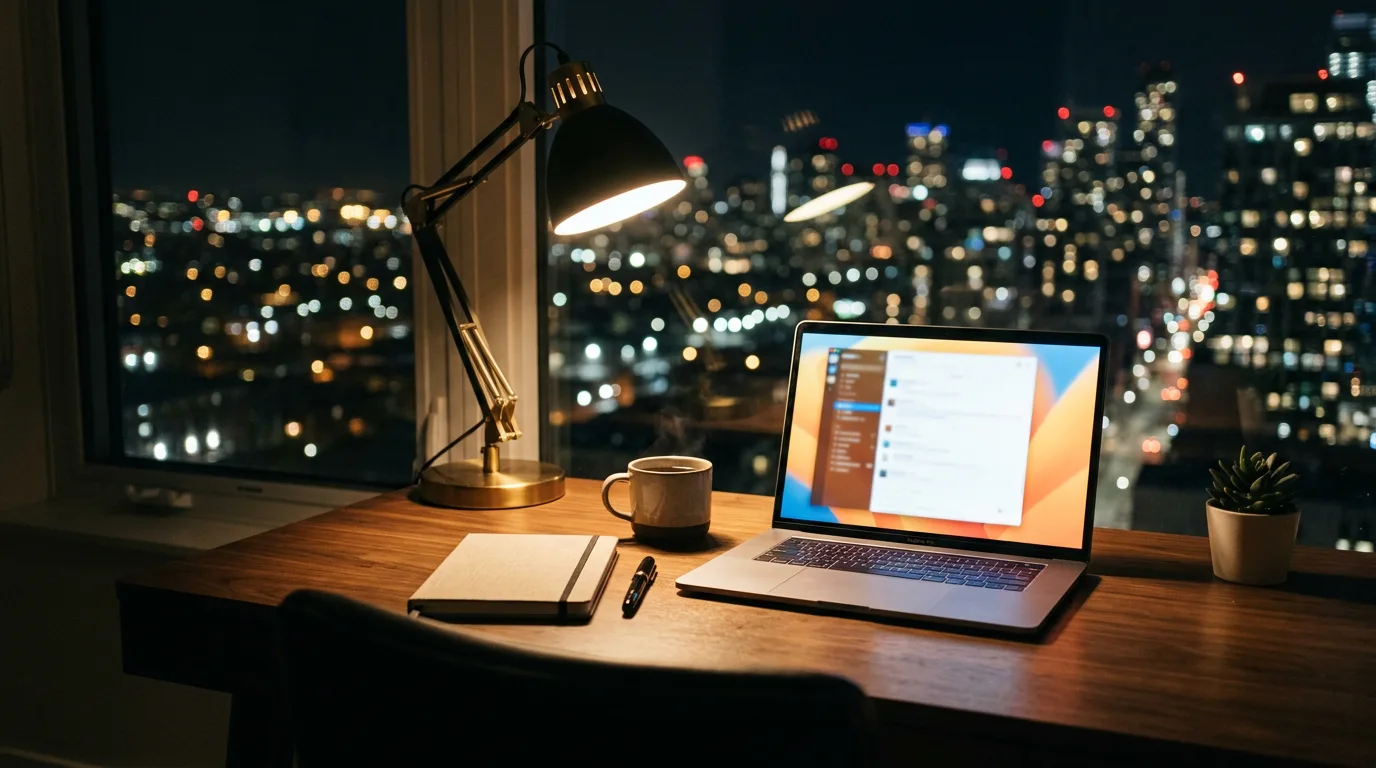 A desk at night with a laptop open and city lights outside